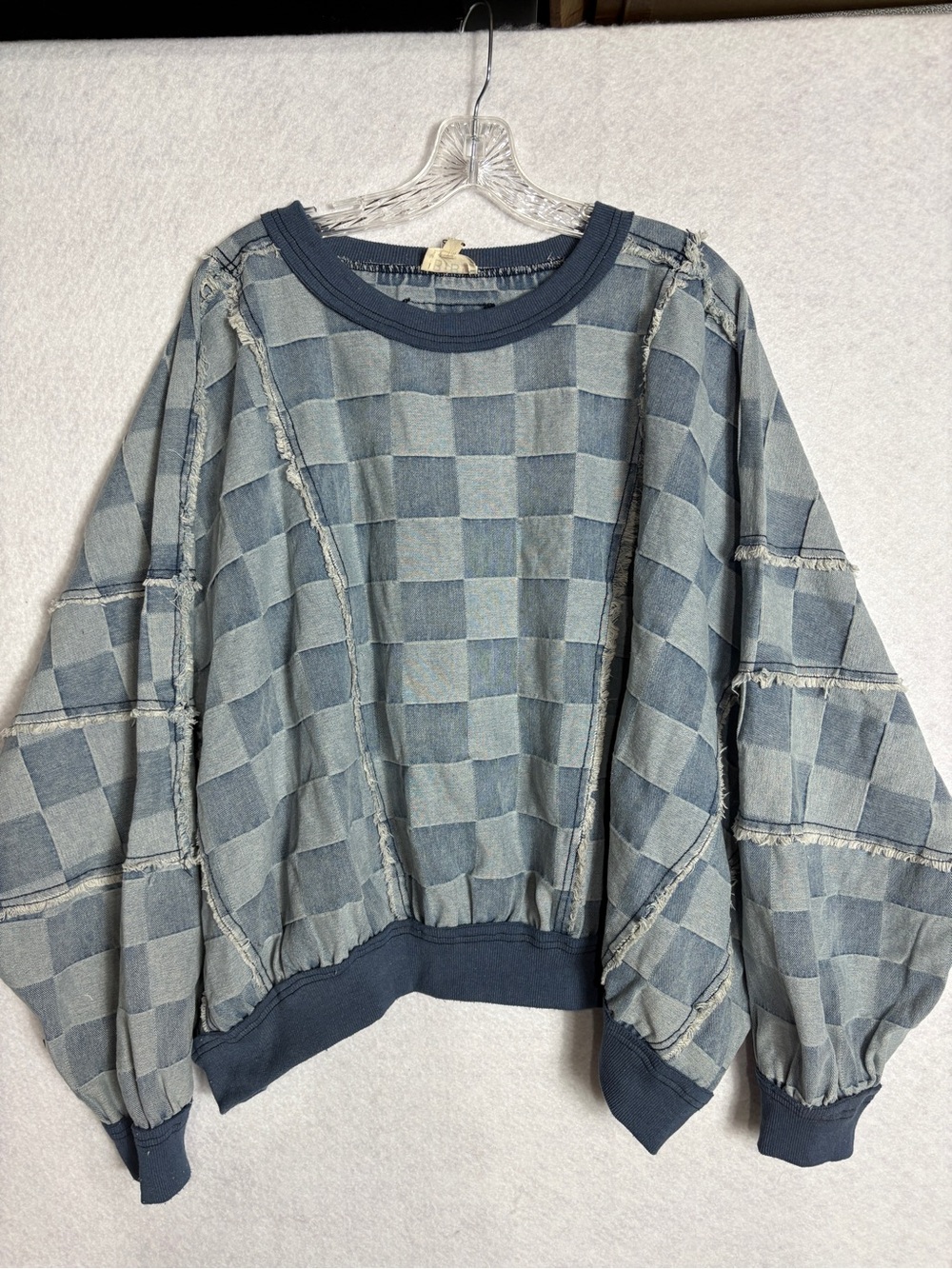 BiBi Indigo Patchwork Check Crewneck Sweatshirt